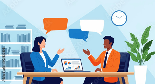 Creative Business Discussion Between Two Colleagues with Laptops and Thought Bubbles Vector Illustration