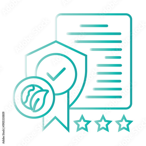 Iconic representation of environmental certification, quality assurance, and product rating with a document, shield, leaves, and stars.