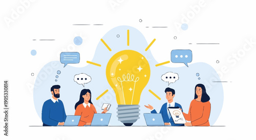 Creative Business Brainstorming Session with Lightbulb Vector Flat Style for Innovation Solutions