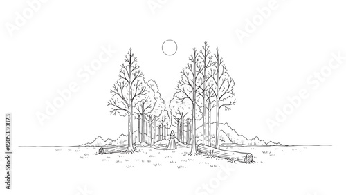 Minimalist forest scene with a small cabin and tall trees in a quiet landscape sketch.