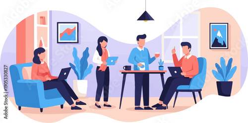 Flat illustration of people working and socializing in an office or home workspace