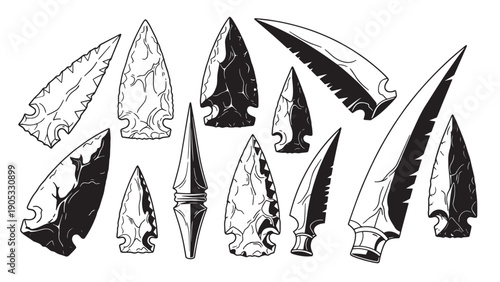 Assorted knife blades clip art collection in black and white.