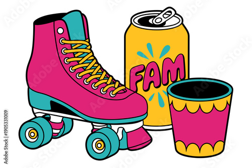 Colorful roller skate soda cup and can illustration