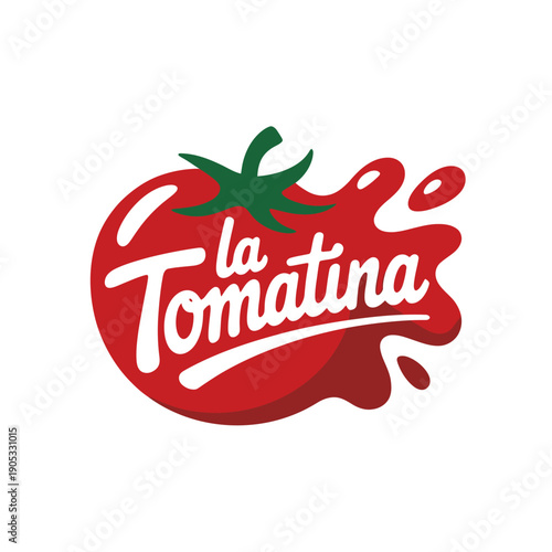 La Tomatina festival logo with red tomato and green leaves on white background