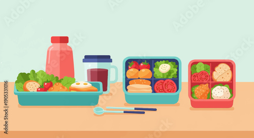 Flat illustration of three bento boxes filled with food and a drink