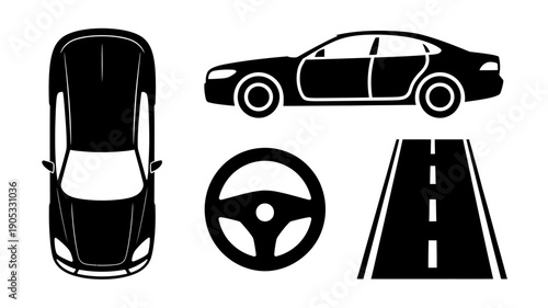 Black and white car steering wheel and road illustrations