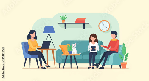 Flat illustration of three people and a cat in a living room