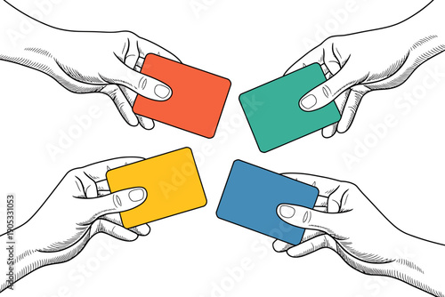 Four hands holding colored cards in a circle exchange or sharing