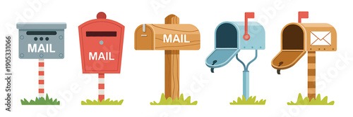 Colorful mailboxes on grassy areas with various designs and materials