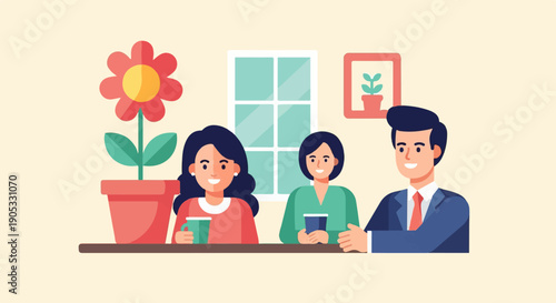 Flat illustration of three people, two women and one man, sitting at a table