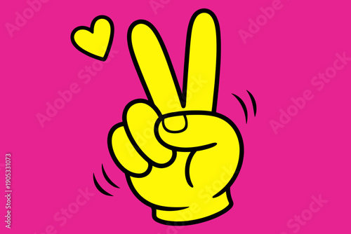 Cartoon hand making peace sign with heart on pink background