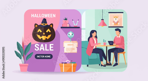 Halloween sale with people in cafe, pumpkin, plant