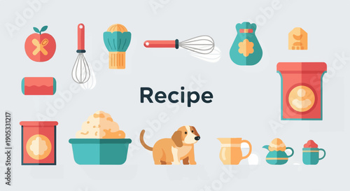Flat illustrations of baking ingredients, tools, a dog, and kitchenware