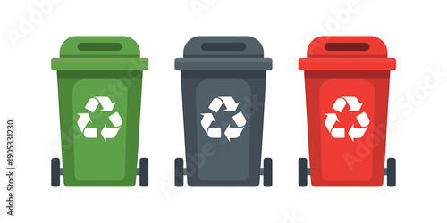 Colorful recycling trash cans with wheels on white background