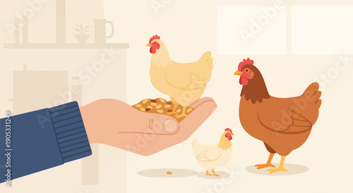 Hand feeding chickens grain, a tender moment of care