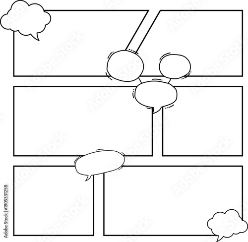 Black and white comic strip layout with various empty speech and thought bubbles for dialogue.