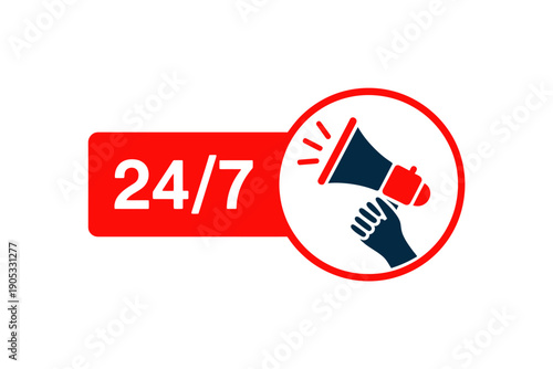 24 hours a day seven days a week service icon with megaphone and hand