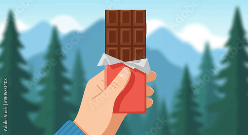 Hand holding a chocolate bar in a mountain forest landscape