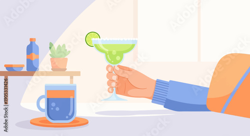 Hand holding a margarita with a lime slice, next to a cup of coffee and a bottle