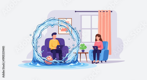 Flooded room, people work on laptops amidst water surge