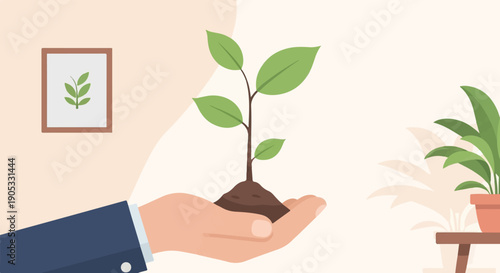 Hand holding a small plant with a framed leaf and potted plant