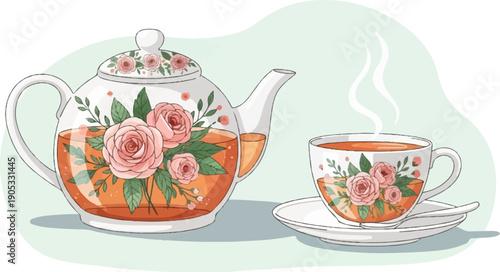 Floral teapot and teacup with steaming amber liquid on a light blue background