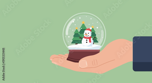 Hand holding a snow globe with a snowman and Christmas trees inside
