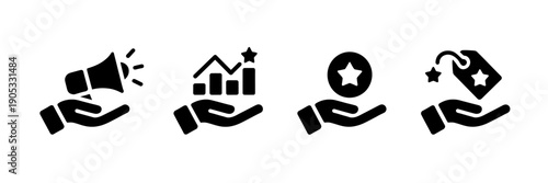 Set of business icons with hands holding megaphone graph star and tag