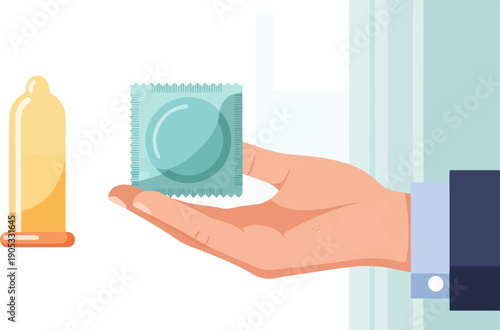 Hand offers condom package next to a latex condom on white