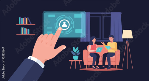 Hand interacts with holographic user profile while couple uses laptops on couch