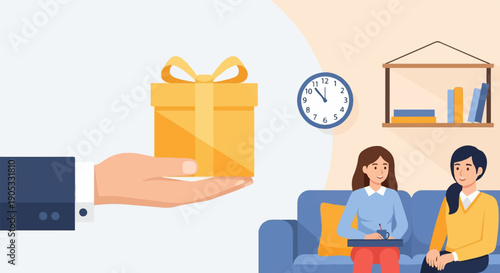 Hand presents gift to women sitting on sofa, clock on wall