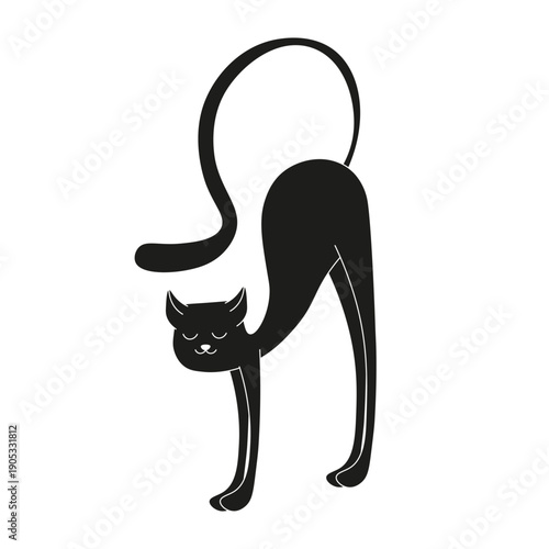 Vector Black Cat. Vector illustration of hand drawn Black Cat with arched back isolated transparent backgorund. Fun t-shirt and hoodies print. Editable stroke. EPS 10