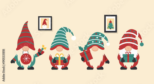 Four festive gnomes with gifts and holiday decorations adorn the scene