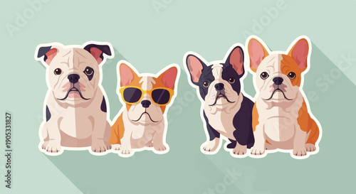 Four cute, stylized dogs with distinct markings and one wearing sunglasses