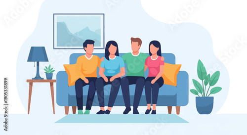 Four friends of diverse genders relax together on a blue couch in a living room
