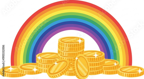 Golden Coins Stacked Under Rainbow on White Background