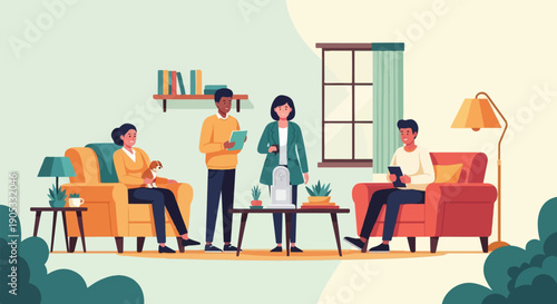 Four people and a dog relax in a cozy living room with plants and books