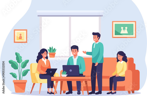 Four people collaborate indoors with laptops, plants, and artwork