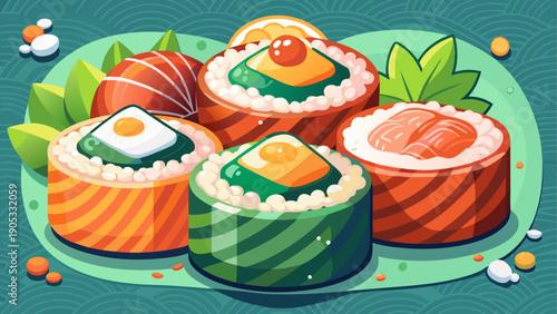 Cartoon vector illustration of fresh sushi rolls with rice seaweed fish in simple flat colorful food design style