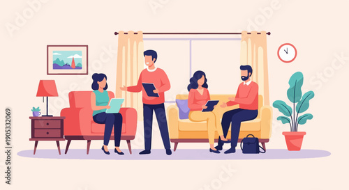 Four people discuss ideas in a home office setting
