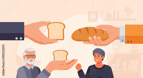 Hands exchange bread slices and a loaf between two generations, symbolizing sharing