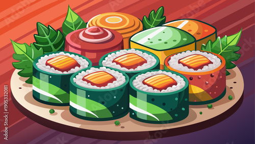Cartoon vector illustration of fresh sushi rolls with rice seaweed fish in simple flat colorful food design style
