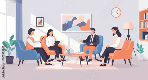 Four people in casual attire are seated in chairs and talking