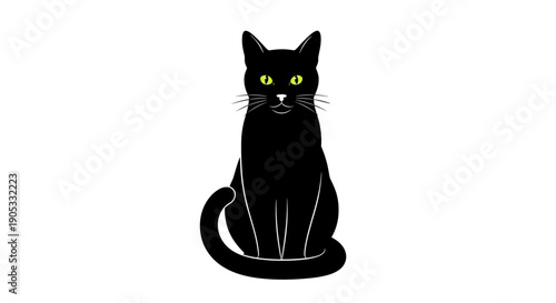 Elegant Black Cat Sitting Gracefully with Bright Green Eyes.