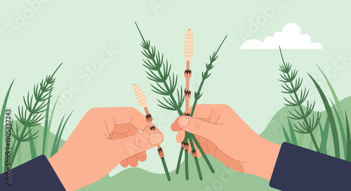 Hands holding horsetail plants against a green, cloudy backdrop