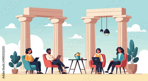 Four people in modern attire work on laptops under ancient columns