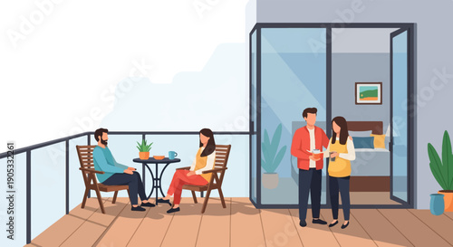 Four people relax on a balcony with drinks, with a bedroom visible through sliding doors