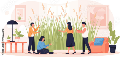 Four people tending to a large indoor plant installation with furniture