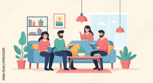 Four people reading books on a sofa with a coffee table and plants