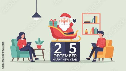 Festive scene with Santa on a sleigh atop a calendar, two people on laptops